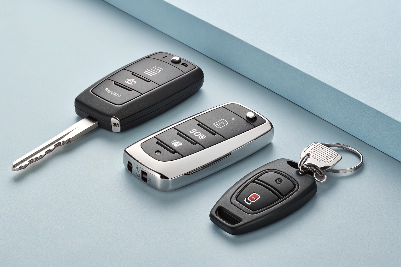 A collection of various modern car keys, including smart keys and transponder keys.