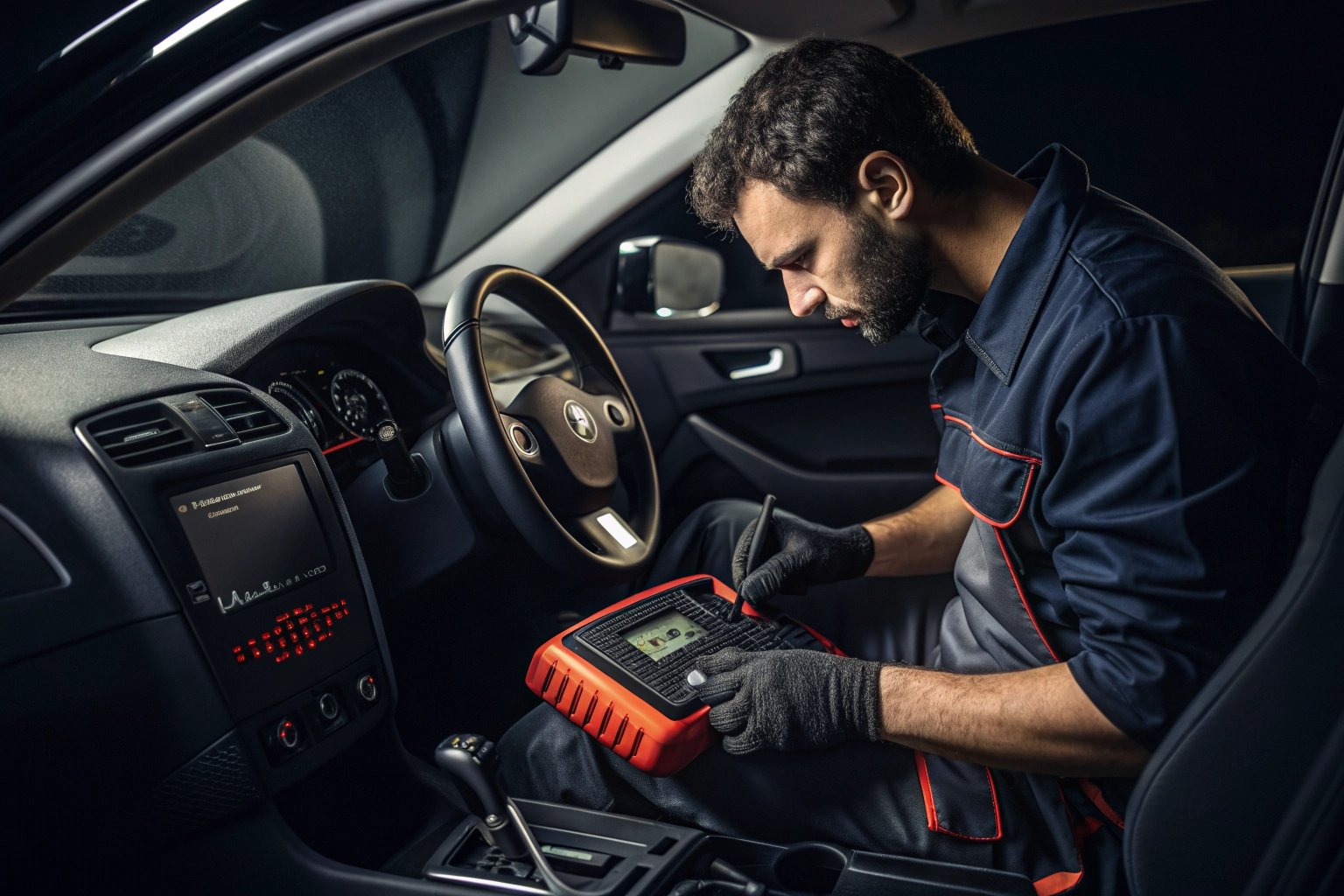 Professional auto locksmith working on a vehicle with diagnostic equipment