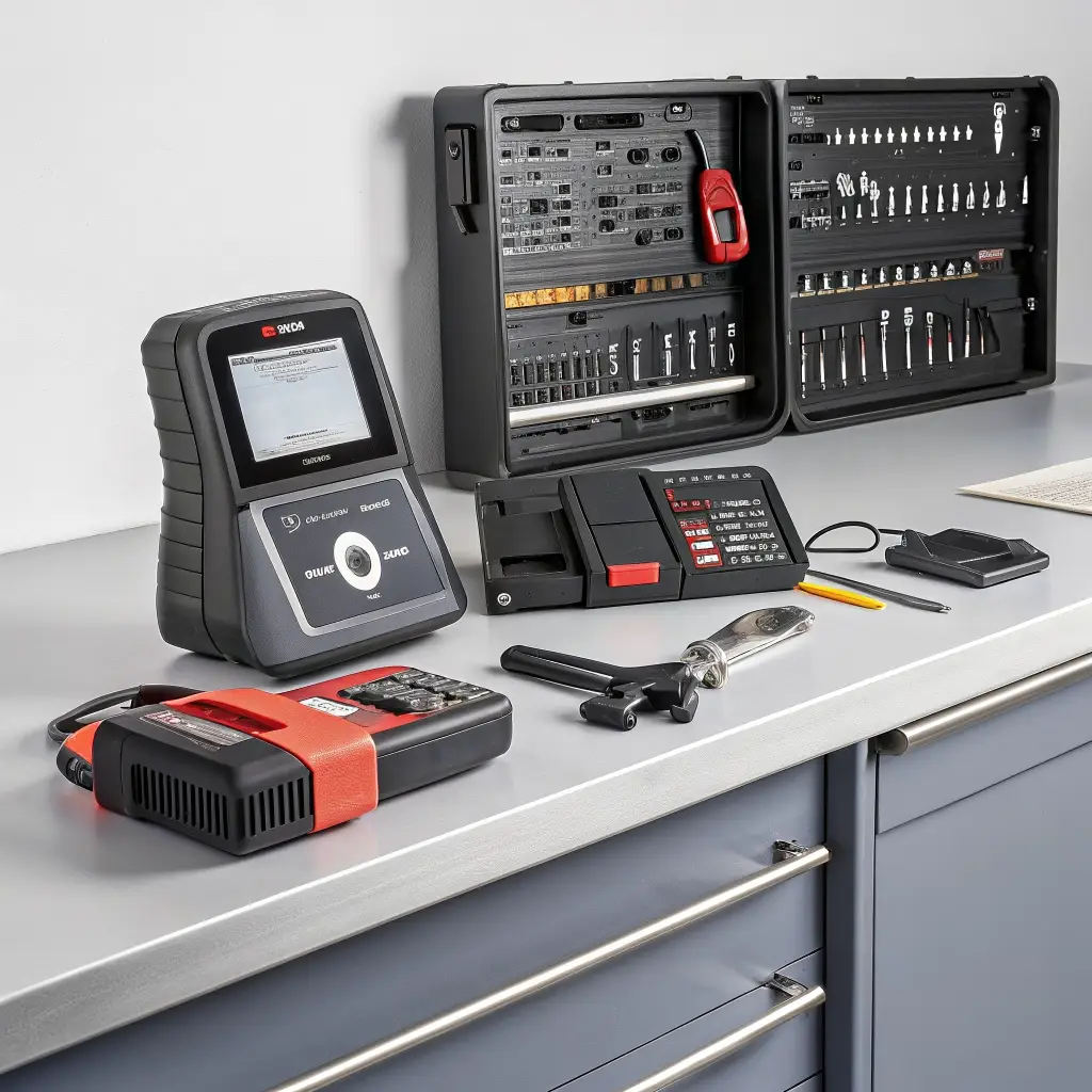 Modern car key repair and programming tools on a professional workbench