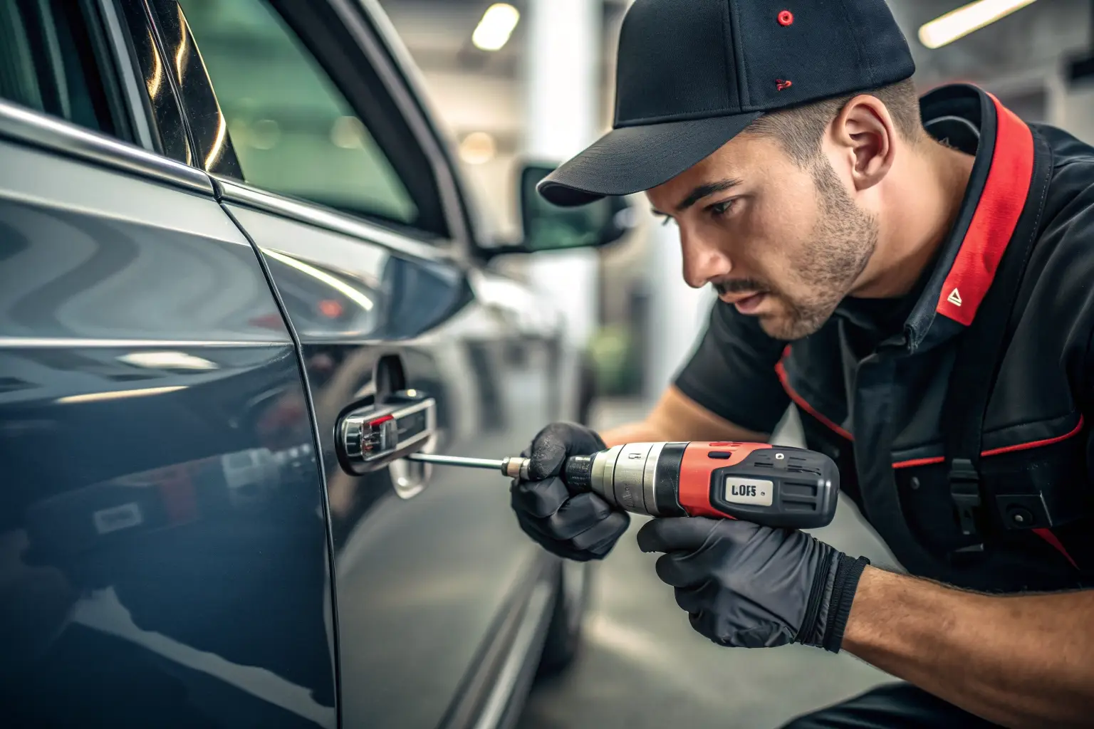 Close-up of a professional auto locksmith using specialized tools to unlock a vehicle door.