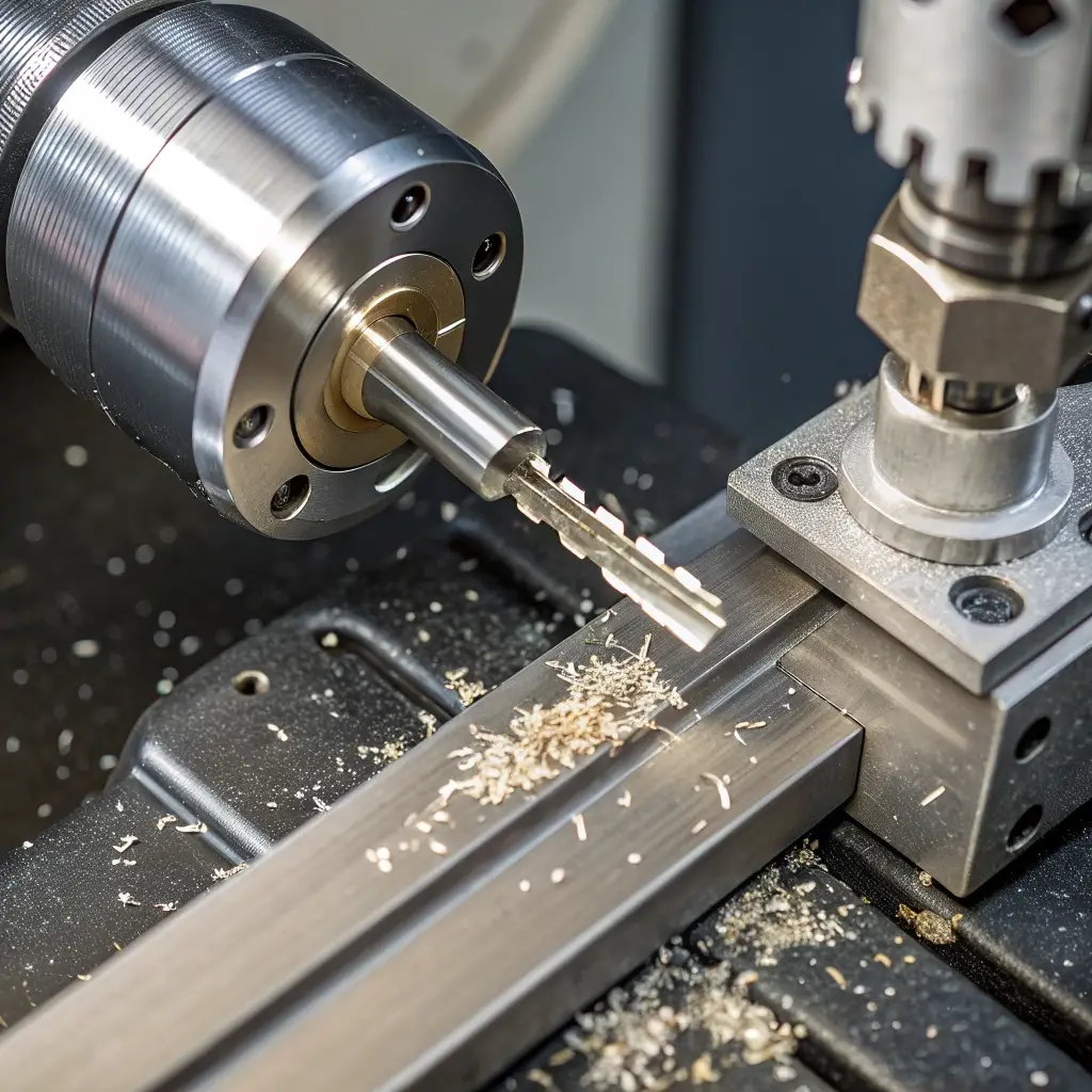 Close-up of professional automotive key-cutting equipment cutting a vehicle key blade